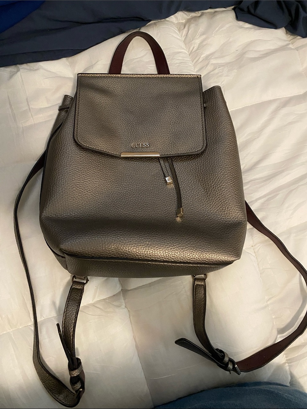 GUESS Metallic Pewter Pebbled Leather Backpack with Dark Brown Straps